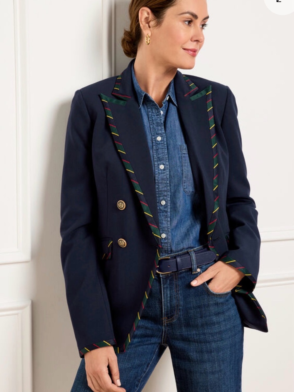 Talbots 24W NWT Ribbon Trim Blazer Navy Double-Breasted Blazer with Stripe Trim